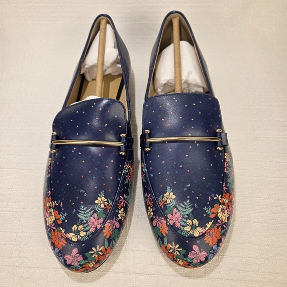 Talbots India Ink Blue Floral Flats Women's 10.5 M Brass Bit Loafers Leather NEW - Picture 3 of 8